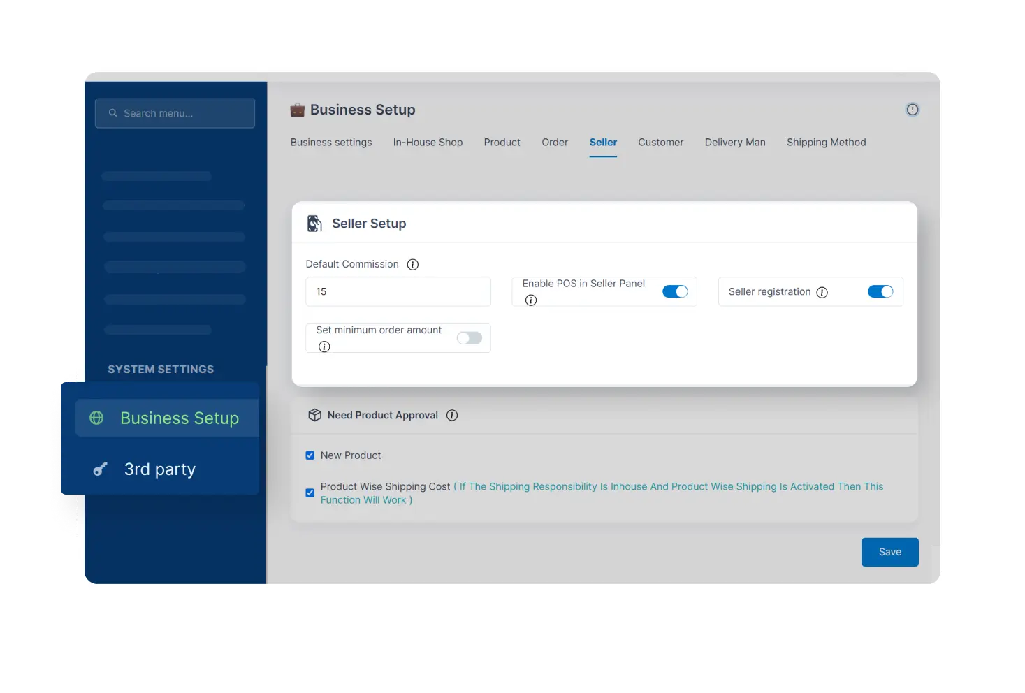 6valley Admin Panel Seller Setup Features