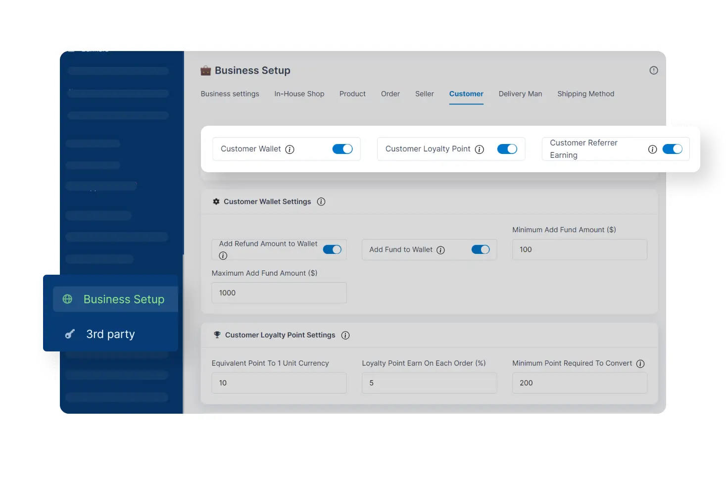 6valley Admin Panel Customer Settings Features