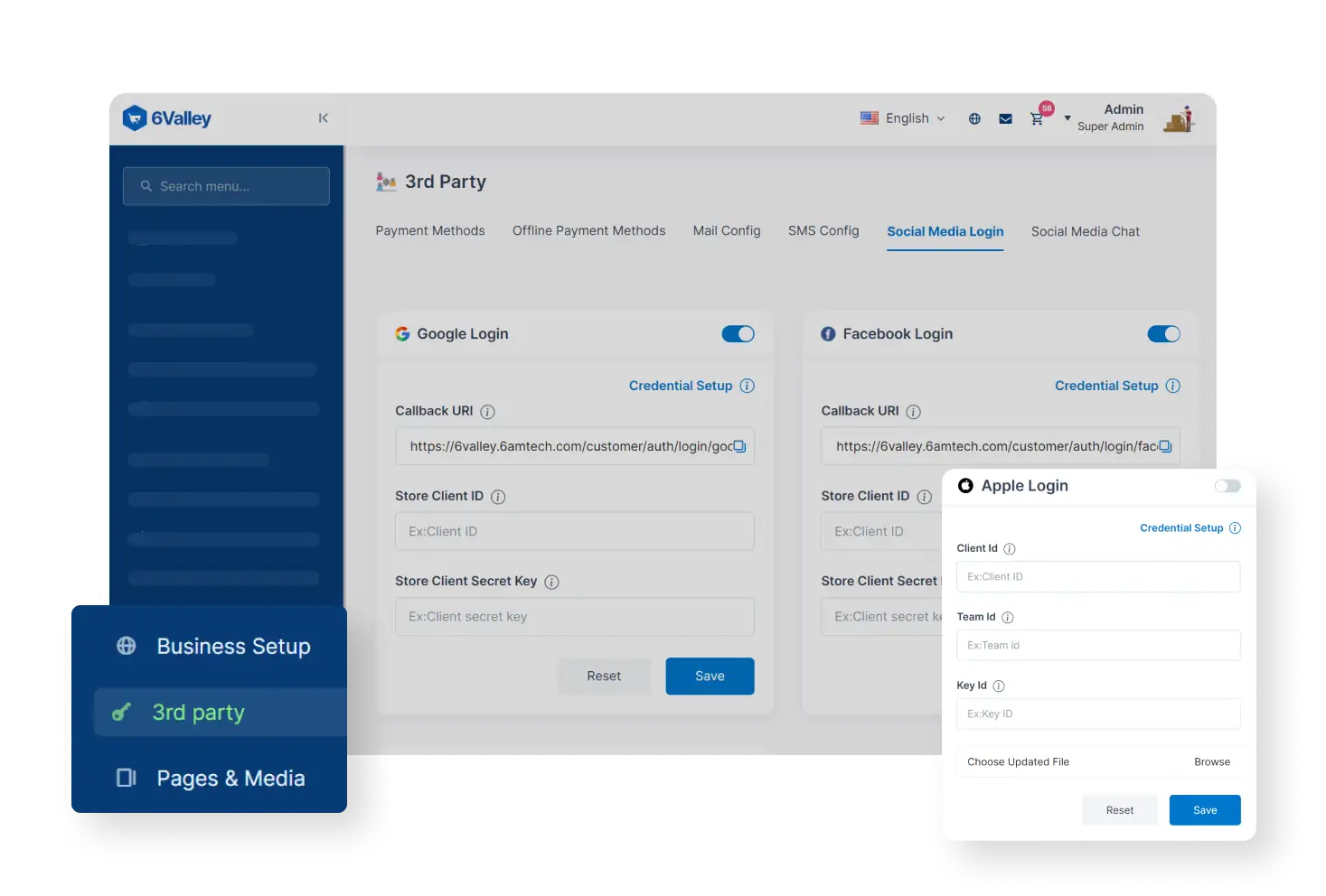 6valley Admin Panel Social Login Features