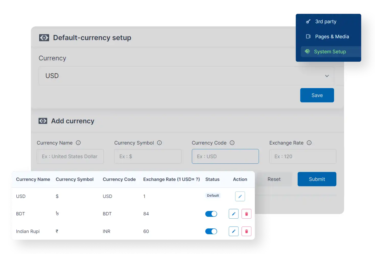 6valley Admin Panel Currency Setup Features
