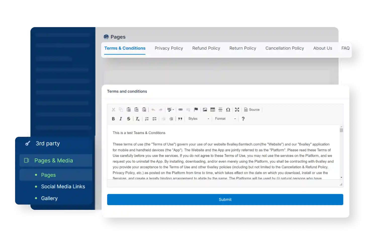 6valley Admin Panel Legal Pages Features