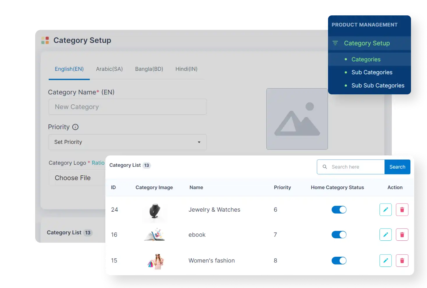 6valley Admin Panel Category Setup Features