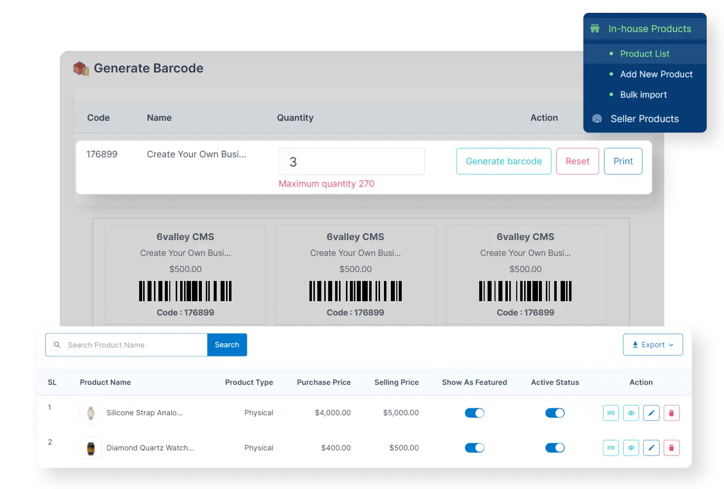 6valley Admin Panel Generate Barcode Features