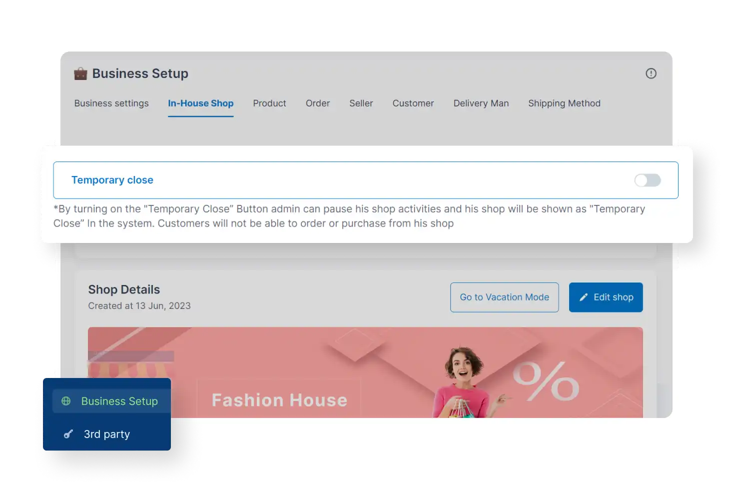 6valley Admin Panel Temporary Close Features