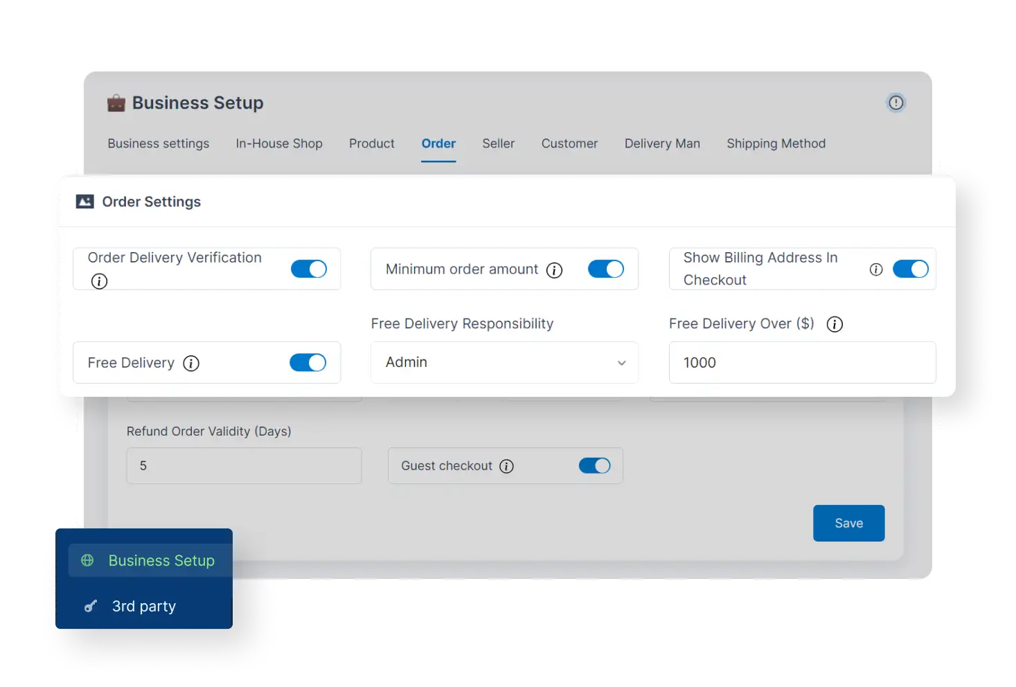 6valley Admin Panel Order Settings Features