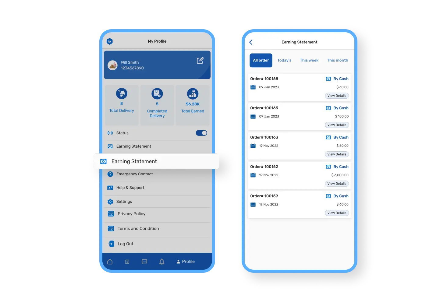 6valley Deliveryman App Earning Statement Features
