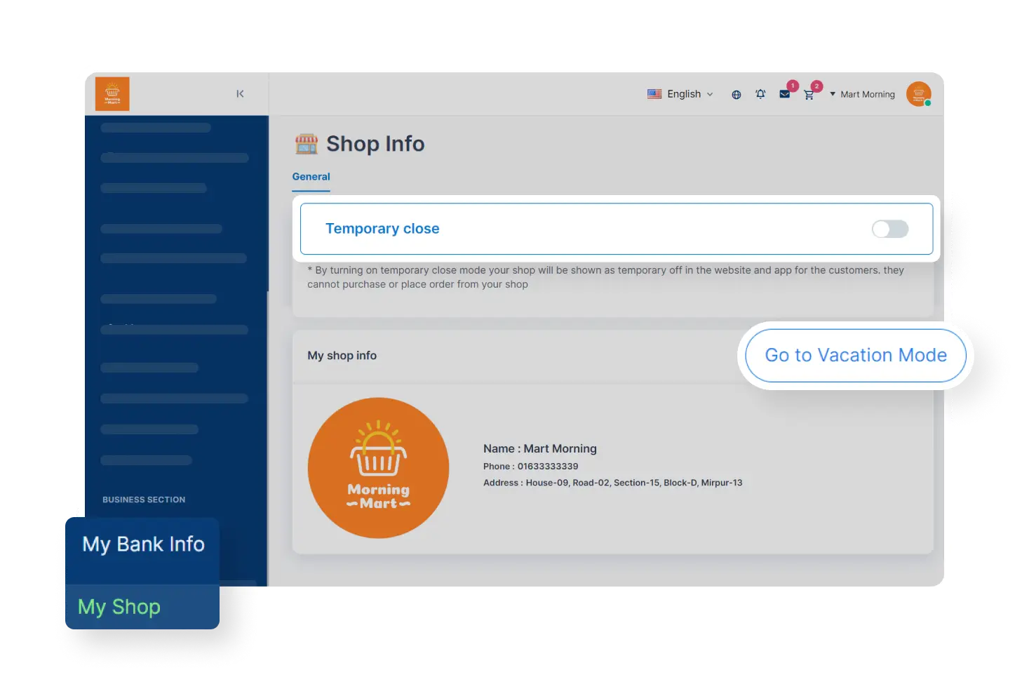 6valley Seller Panel Temporary Close or Vacation Mode Features