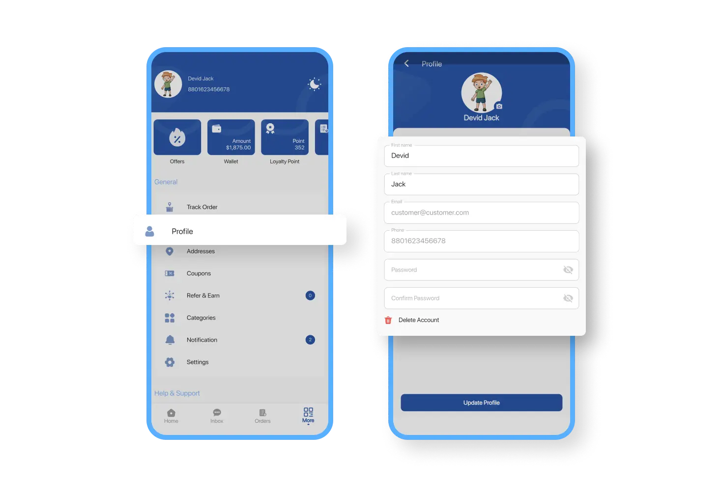 6valley Customer App Profile Information Features