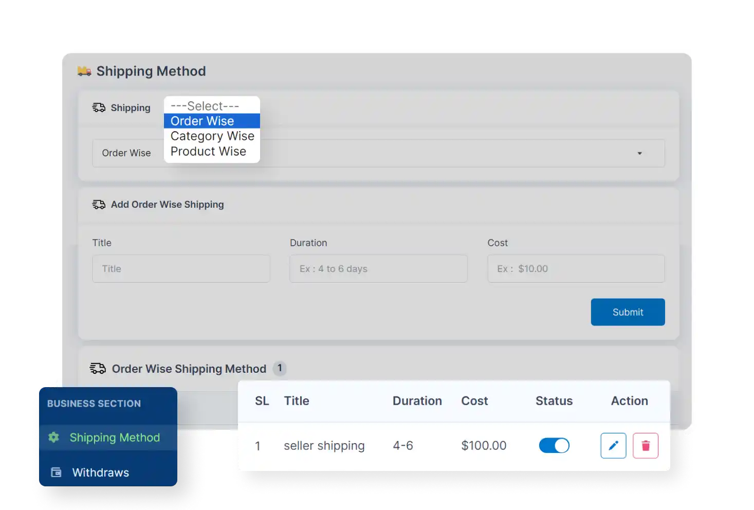 6valley Seller Panel Shipping Methods