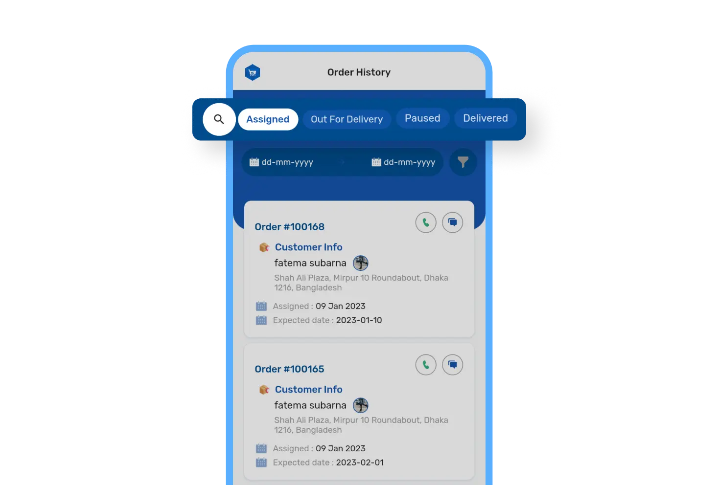 6valley Deliveryman App Order History Features