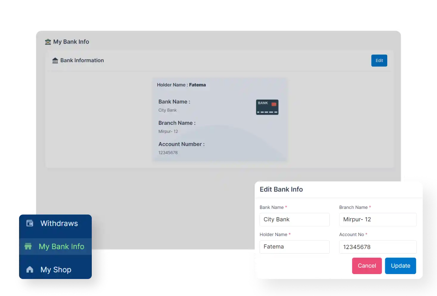 6valley Seller Panel bank Info Features