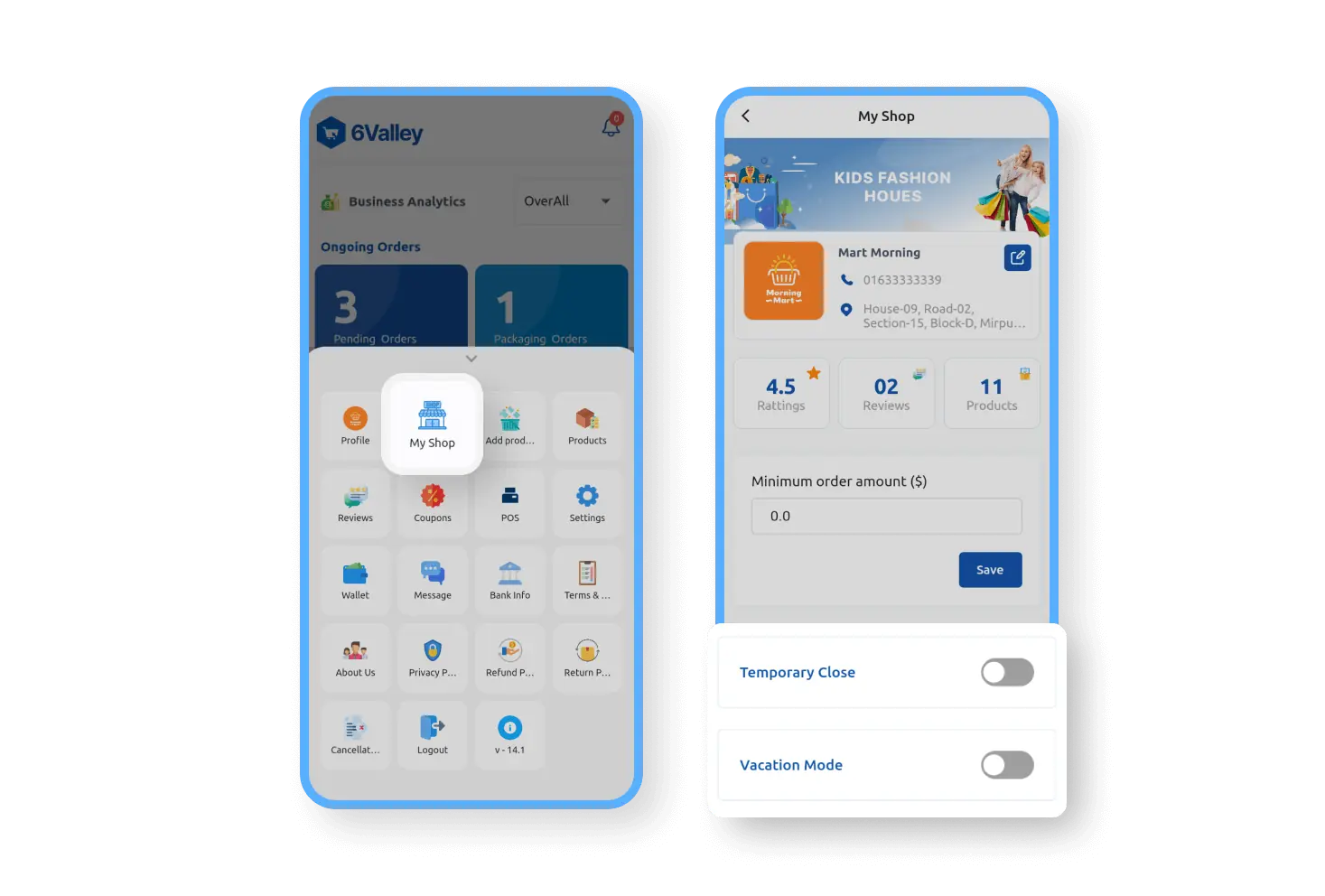 6valley Seller App Temporary Close/Vacation Mode Features