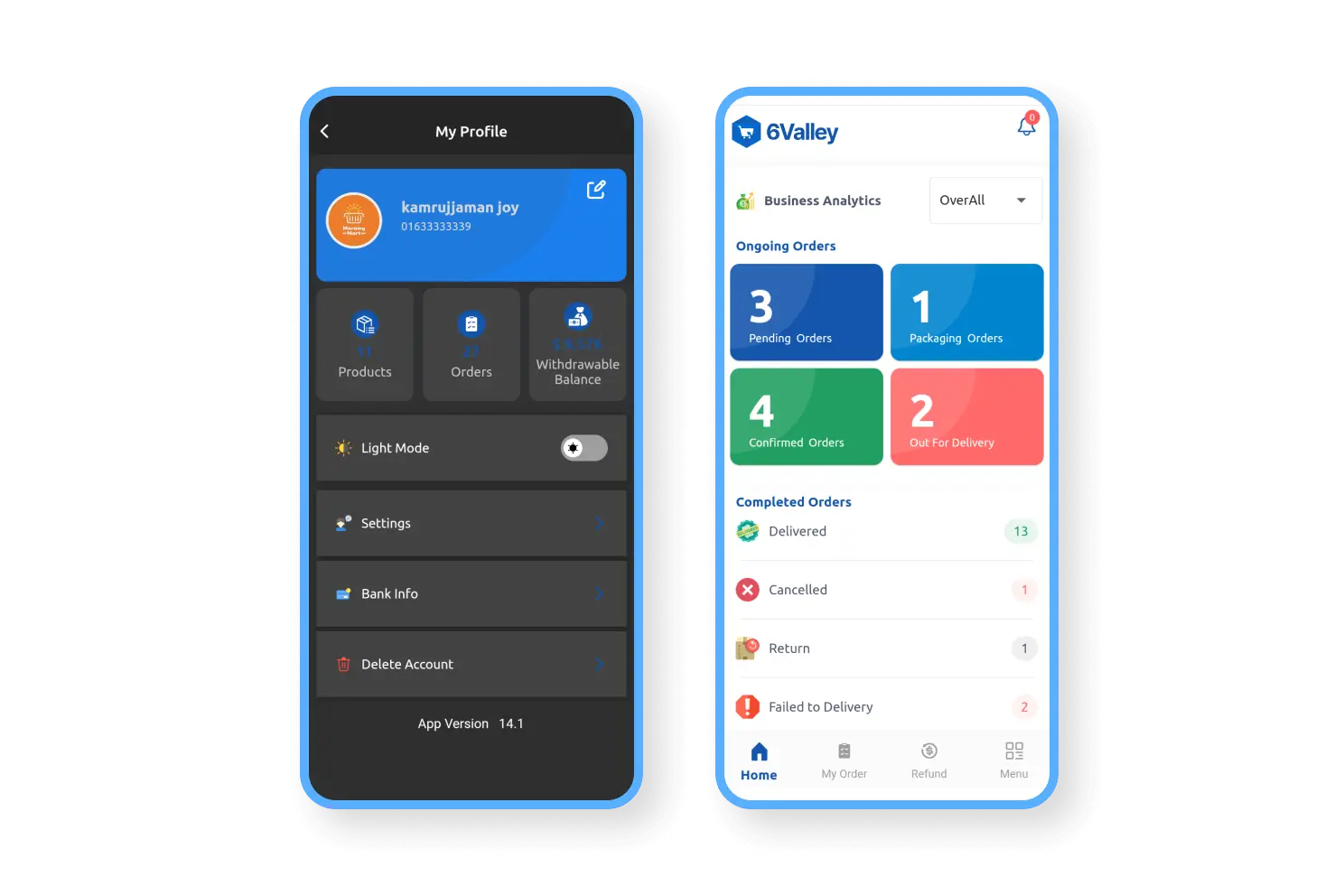 6valley Seller App Dark Mode Features