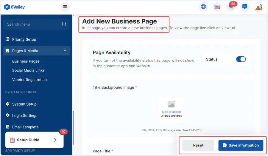 Add new business Page