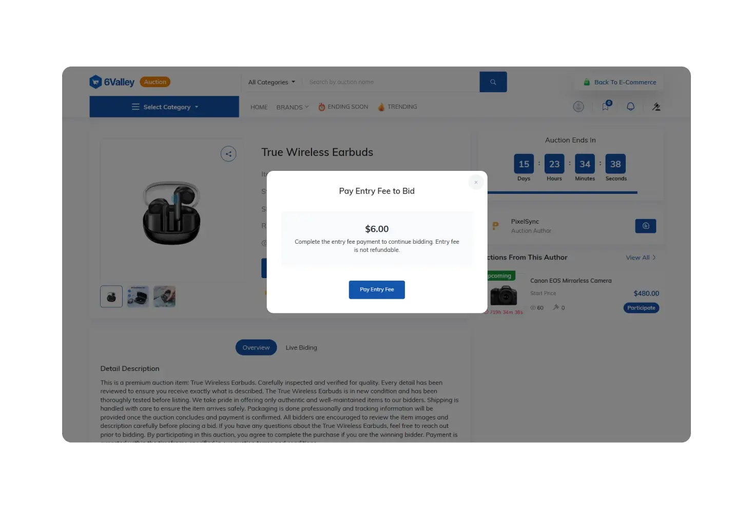 6Valley Auction - Entry Fee System Features